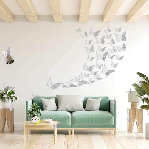 Silver 72Pcs 3D Butterfly Wall Decor Stickers - Removable Room Decorations