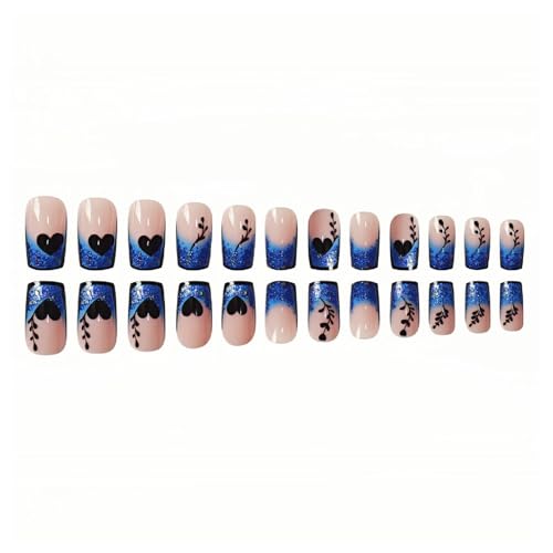 Press On Nails Short Square Gradient Glitter Heart Design with Glue & Tools - 24Pcs