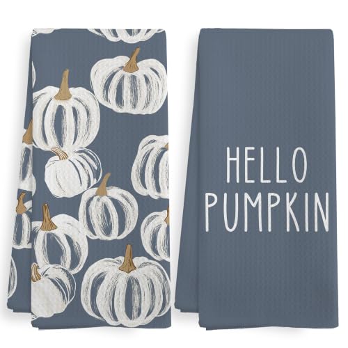 Hello Pumpkin Kitchen Towels Set - Dusty Blue, 16x24 Inches, Pack of 2 — Fall Holiday Decor