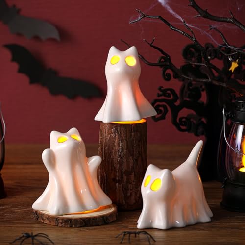 Halloween Ceramic Ghost Cat Candle Holders Set - Spooky Decor for Mantels & Tables