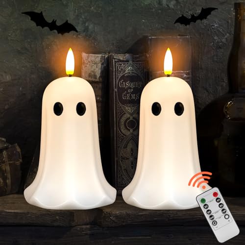 Halloween Ghost Candle Lights 2pcs with Remote - Flameless LED Ghosts with Timer, Indoor Outdoor Spooky Decorations