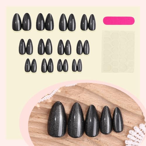 Black Press on Nails Medium Almond Fake Nails Goth Dark Style-4