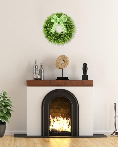18 Inch Artificial Boxwood Wreath for Front Door Wall & Window Decor - Green Bow, All-Season Holiday Indoor Outdoor