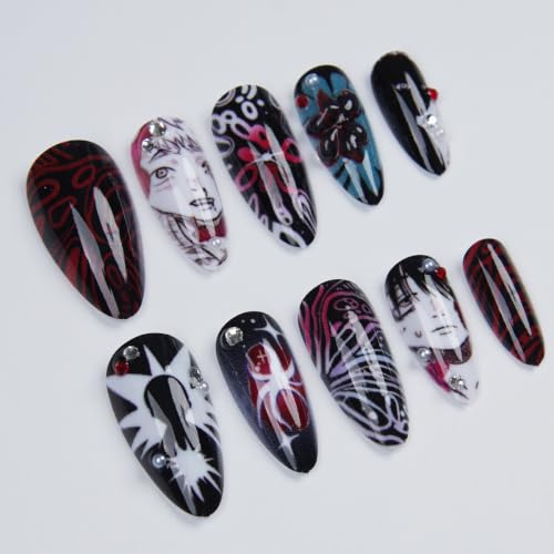 Gothic Press On Nails Set - Medium Almond Fake Nails with Gem Rhinestones - Black White Red Design - Variation Gothic-18