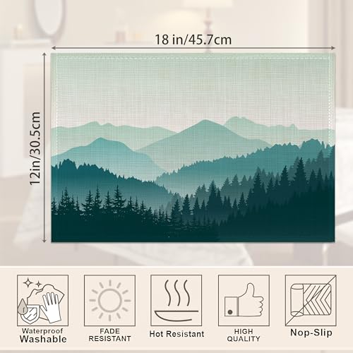 Misty Mountain Forest Linen Placemats Set of 6 - Washable Heat Resistant Kitchen Table Mats