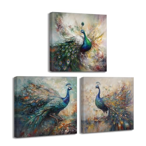Colorful Peacock Wall Art Canvas Prints Set - 12x12 Inches, 3 Pieces - Elegant Bedroom & Bathroom Decor