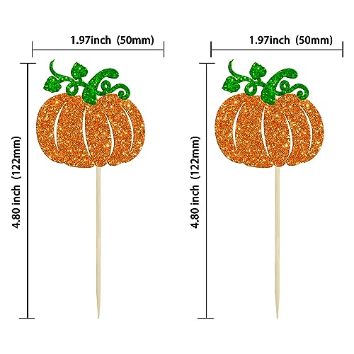 Pumpkin Cupcake Toppers - Glitter Fall Theme Decorations for Baby Shower & Birthday - Orange - 24PCS