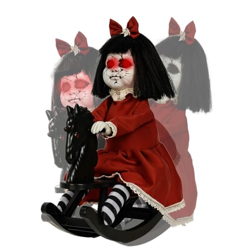 Red Halloween Animatronic Girl Doll on Rocking Horse with Lights & Sound - Indoor Outdoor Decor