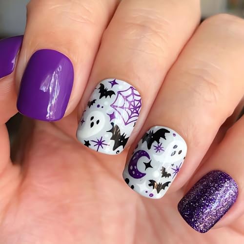 Halloween Short Square Press On Nails with Spider Web Ghost Bat Design - Style15
