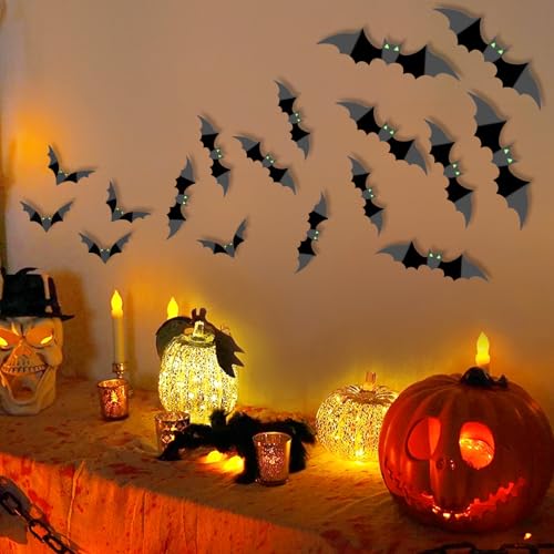 100Pcs Halloween 3D Bat Wall Decorations with Glow Eyes - Spooky Black Stickers for Indoor Decor