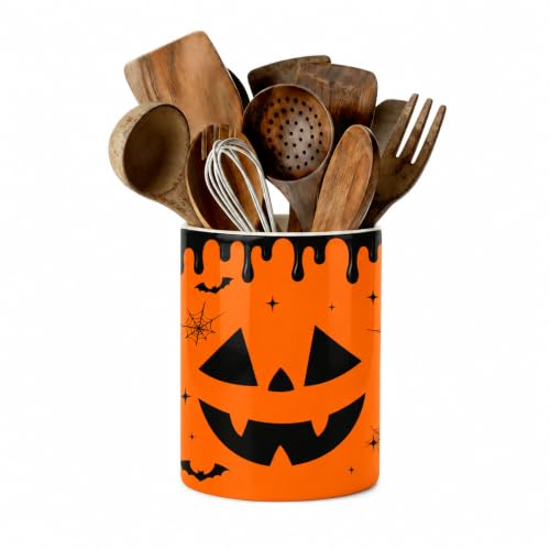 Halloween Utensil Holder with Pumpkins, Ceramic Kitchen Counter Organizer - Orange, 6 Inches