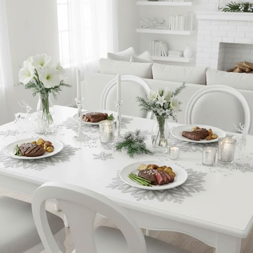 Snowflake Silver Vinyl Placemats Set of 4, 15 Inch Holiday Table Decor