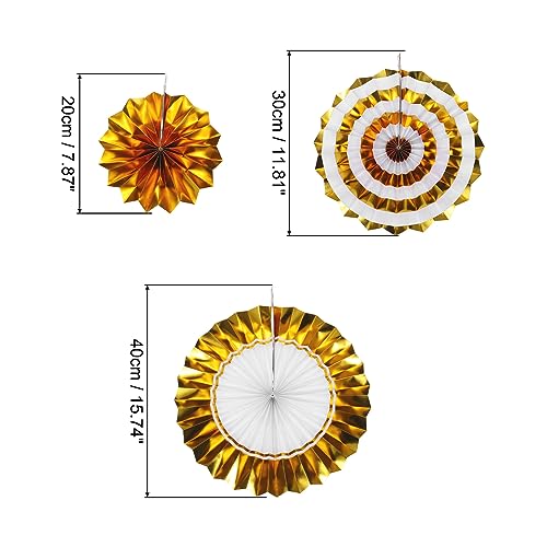 Hanging Paper Fans Party Decor Set 6Pcs Gold White Round Pattern for Events & Celebrations