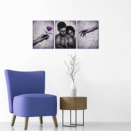 African American Couple Wall Art Canvas Set - Purple & Gold 12x16x3
