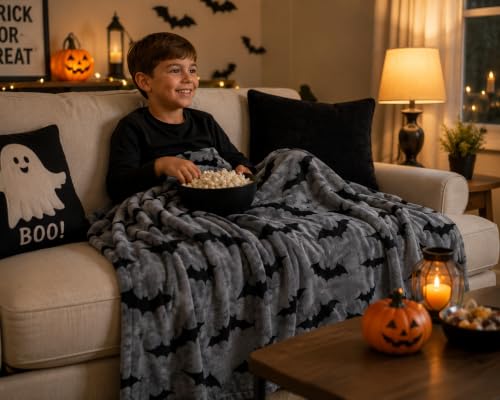 Grey Bats Halloween Fleece Throw Blanket - Oversized 50x70 Cozy & Soft