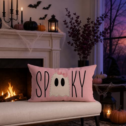 Pink Halloween Throw Pillow Cover 12x20 Spooky Ghost Decor - Pack of 1