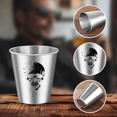 Silver Stainless Steel Shot Glasses with Skull Design - Set of 4, 70 ml, Gift Box, Gothic Party Drinkware