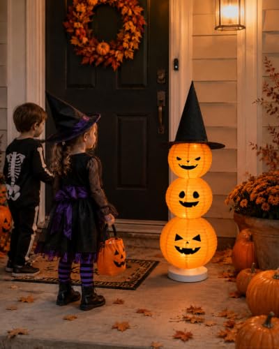 Halloween Jack O Lantern Pumpkin Paper Lantern Set with String Lights - 3 Lanterns