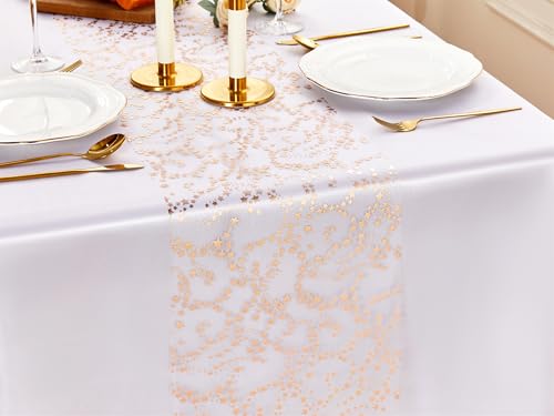 Star Rose Gold Table Runner - 16 Ft Sheer Chiffon with Glitter Sequin for Wedding & Party