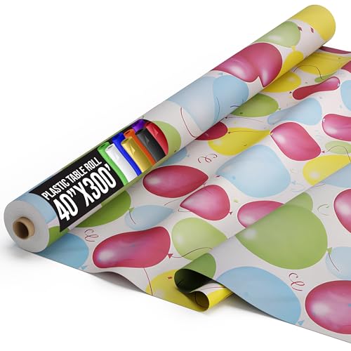 Plastic Table Cover Roll for Parties - 40 x 300 Feet Disposable Banquet Tablecloth - Balloons Variation