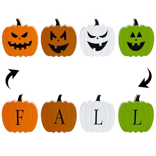4 PCS Fall Pumpkin Wooden Decor Set - Autumn Halloween Desk Ornaments