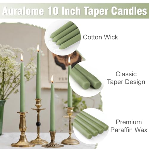 12-Pack Sage Green Taper Candles - 10 Inch Dripless Unscented Long Burn Time