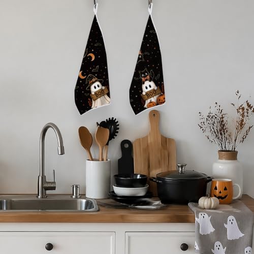 Halloween Kitchen Towels Set - Ghost Boo Hand Towels, 2 Pack, 16x24in - Boo Ghost B Variation