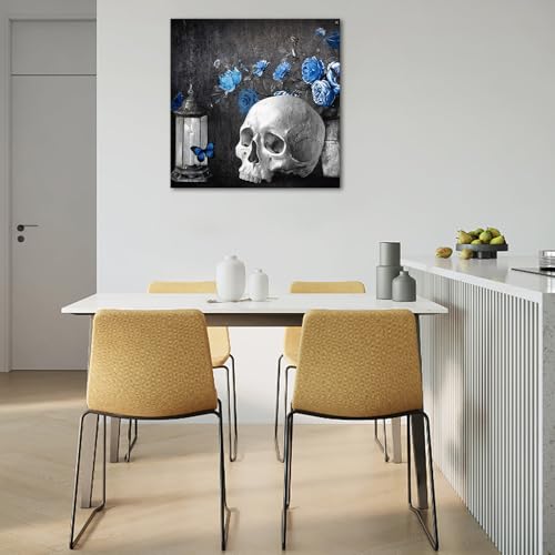 Skull Wall Art Canvas - Skeleton with Blue Rose Rustic Home Decor