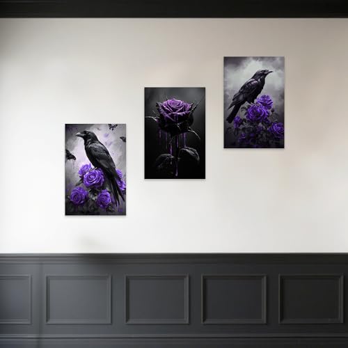 Purple Gothic Canvas Wall Art Set of 3 Crow and Rose Prints 11x14 Framed Halloween Decor