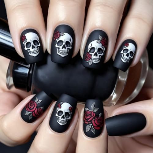 Halloween Press on Nails Black Matte Fake Nails Short Square with Skull & Rose Designs - Variation 648