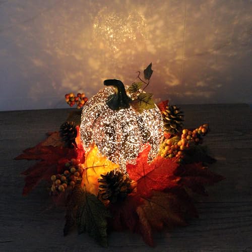 Lighted Pumpkin Fall Decor with LED String, Faux Leaves Berries Pinecones - Indoor Outdoor Thanksgiving Centerpiece