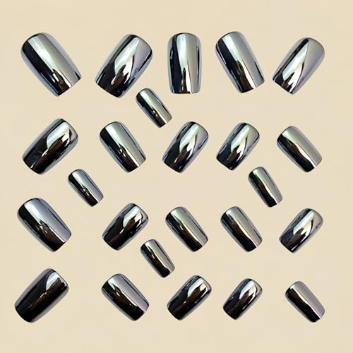Press On Nails Square Fake Nails Black Silver Chrome - Variation of Black 08-22, 24 Pcs