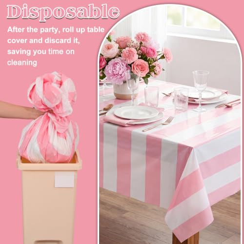 Disposable Pink and White Striped Tablecloths - 3 Pack, 54x108 Inches, Carnival Theme, Party Decor