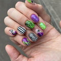 Halloween Short Square Press On Nails with Spider Web Design - Black & White Spiral Stripe, 24Pcs - Halloween-19