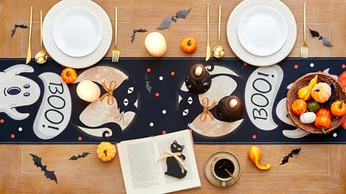 Halloween Black Cat Table Runner - Spooky Fall Decor for Dining Table 13x72 Inch