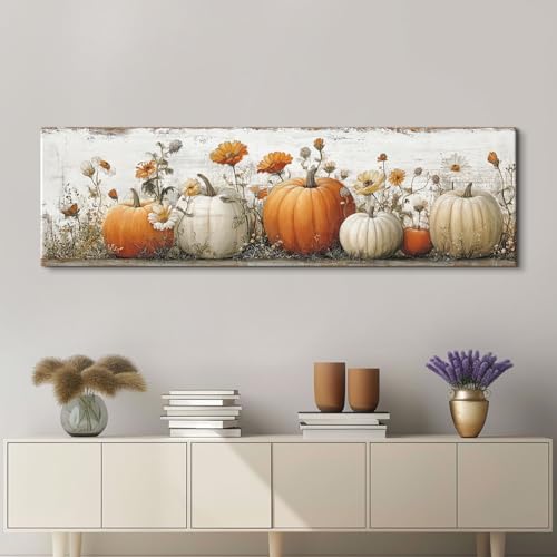 Pumpkin Wall Art Canvas - Fall Farmhouse Decor, 14x48 Inches - Pumpkin01
