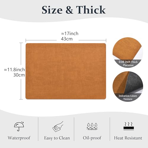 Faux Leather Placemats Set of 8 - Reversible Orange & Grey, 11.8 x 17 Inches - Kid Safe & Waterproof