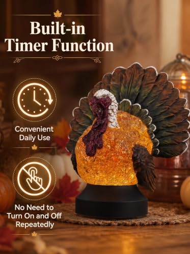 Thanksgiving Turkey Snow Globe Lantern - Fall Decor with Swirling Glitter & Timer - Lighted Halloween Tabletop Decoration - Battery & USB Powered - Thanksgiving Turkey Variation