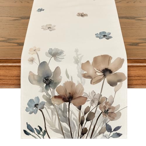 Brown Poppy Floral Leaves Spring Table Runner 13x120 Inch for Dining & Home Decor