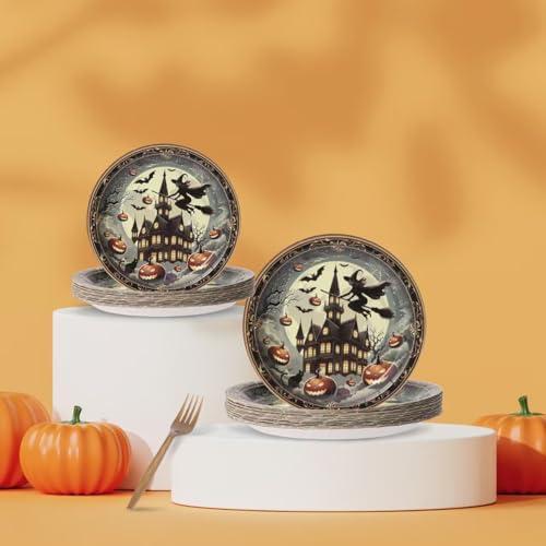 Gold Halloween Party Supplies Set for 25 Guests - Disposable Plates Forks Napkins