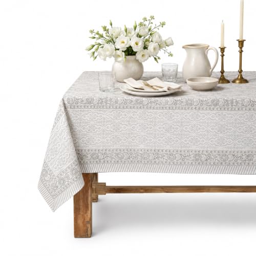 Hibiscus Grey Vine Floral Rectangle Cotton Tablecloth 72x120 Inch - Hand Block Printed for Dining & Festive Use