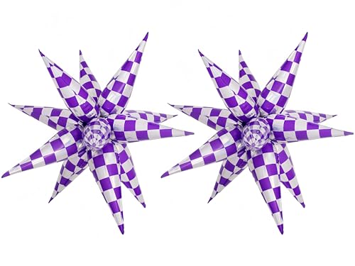 Purple Silver Checkered Star Foil Balloons Party Decorations - 24 Pack