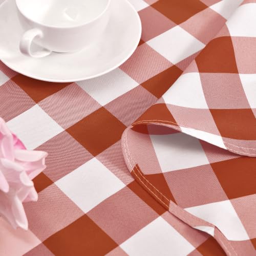 Waterproof Checkered Round Tablecloth 45 Inch - Rust & White, Spill-Resistant