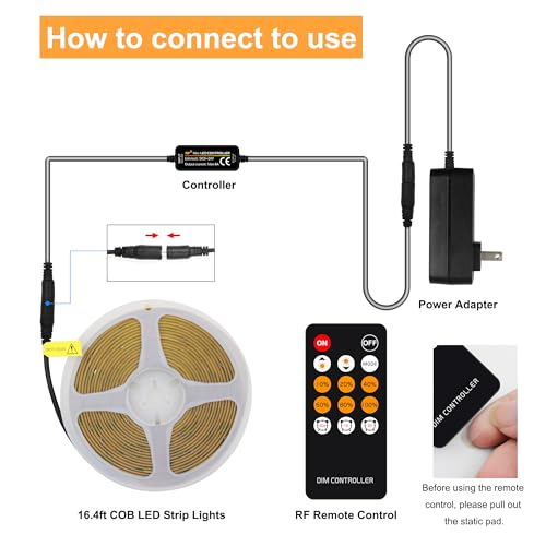 2700K Warm White COB LED Strip Light 16.4FT Dimmable Rope Lights with RF Remote