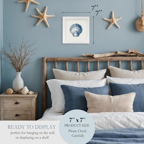 Seashell Wall Art Decor - Blue Coastal Summer Beach Theme, 7x7 Inch Handmade