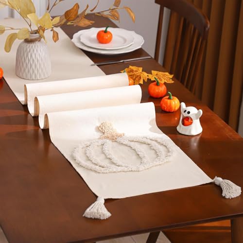 Halloween Beige Pumpkin Embroidered Table Runner 13x90 with Tassels - Pack of 1
