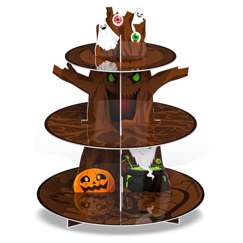 Tree Halloween Cupcake Stand 3-Tier Cardboard Decor Pumpkin Ghost Cat