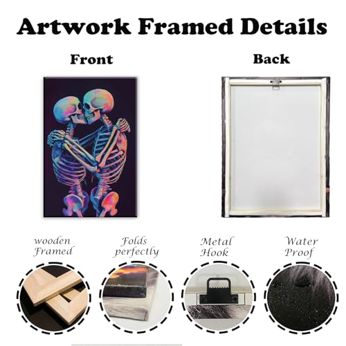 Skeleton Wall Art Kissing Skull Poster - Halloween Horror Decor 16x24 Framed Artwork Variation of Artwork-3