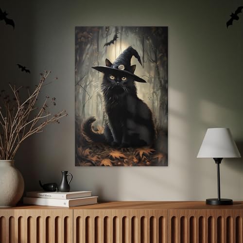 Halloween Wall Art Canvas Set - 3 Large Spooky Witch Ghost Black Cat Posters