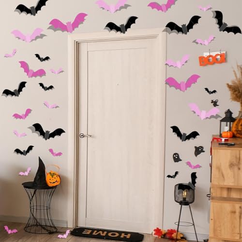 Halloween 3D Bat Wall Decal - Removable Sticker Set with Pink & Black Variations